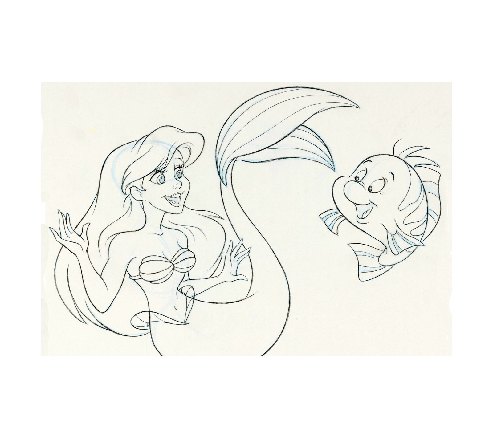 1990s The Little Mermaid Ariel and Flounder - Animation Drawing 