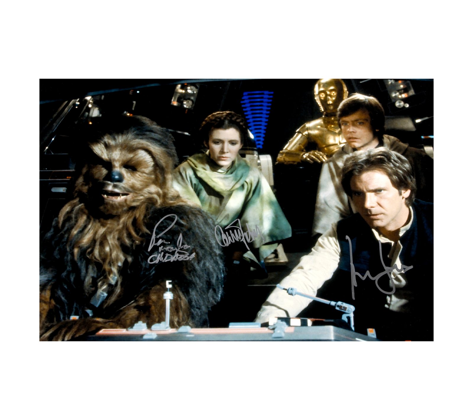 Return of the Jedi signed by Harrison Ford (Han Solo), Carrie Fisher (Princess Leia), and Peter Mayhew (Chewbacca) 