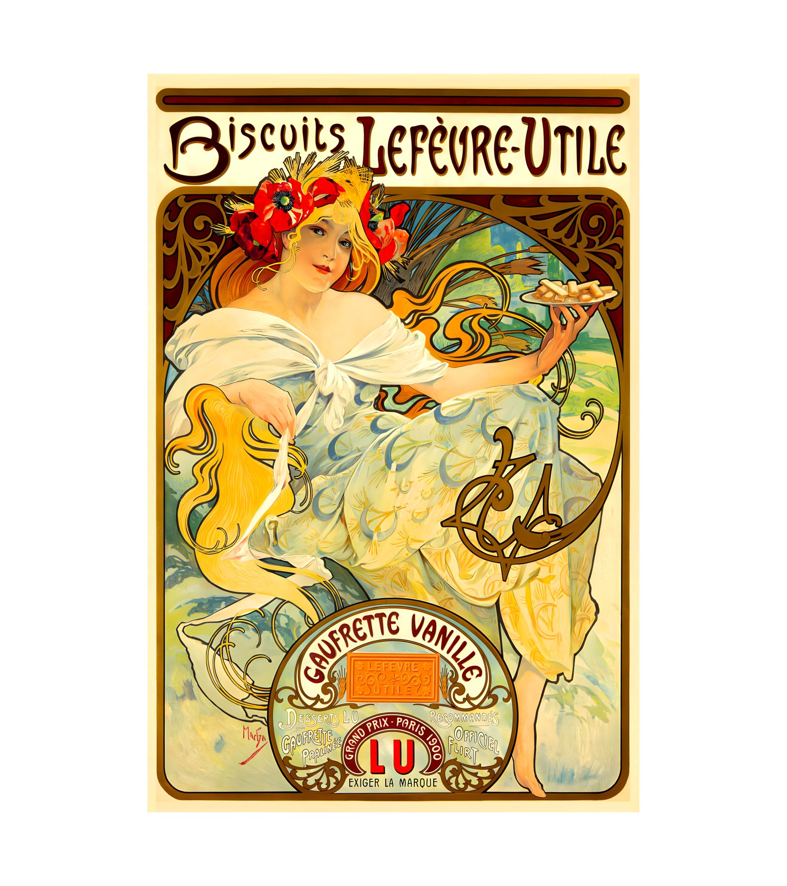 1900 ALPHONSE MUCHA (1860-1939) Biscuits Lefevre-Utile - Gaufrette Vanille - Imp. F. Champenois, Paris  