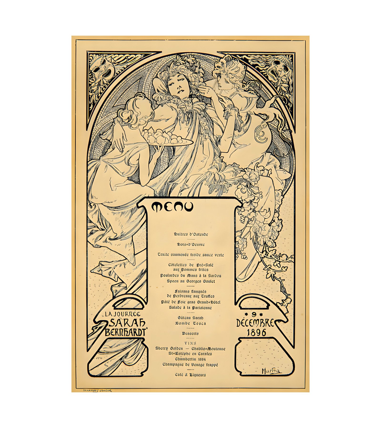 1896 ALPHONSE MUCHA (Art Nouveau) La Journee Sarah Bernhardt - Menu - Imp. Devambez, Paris 