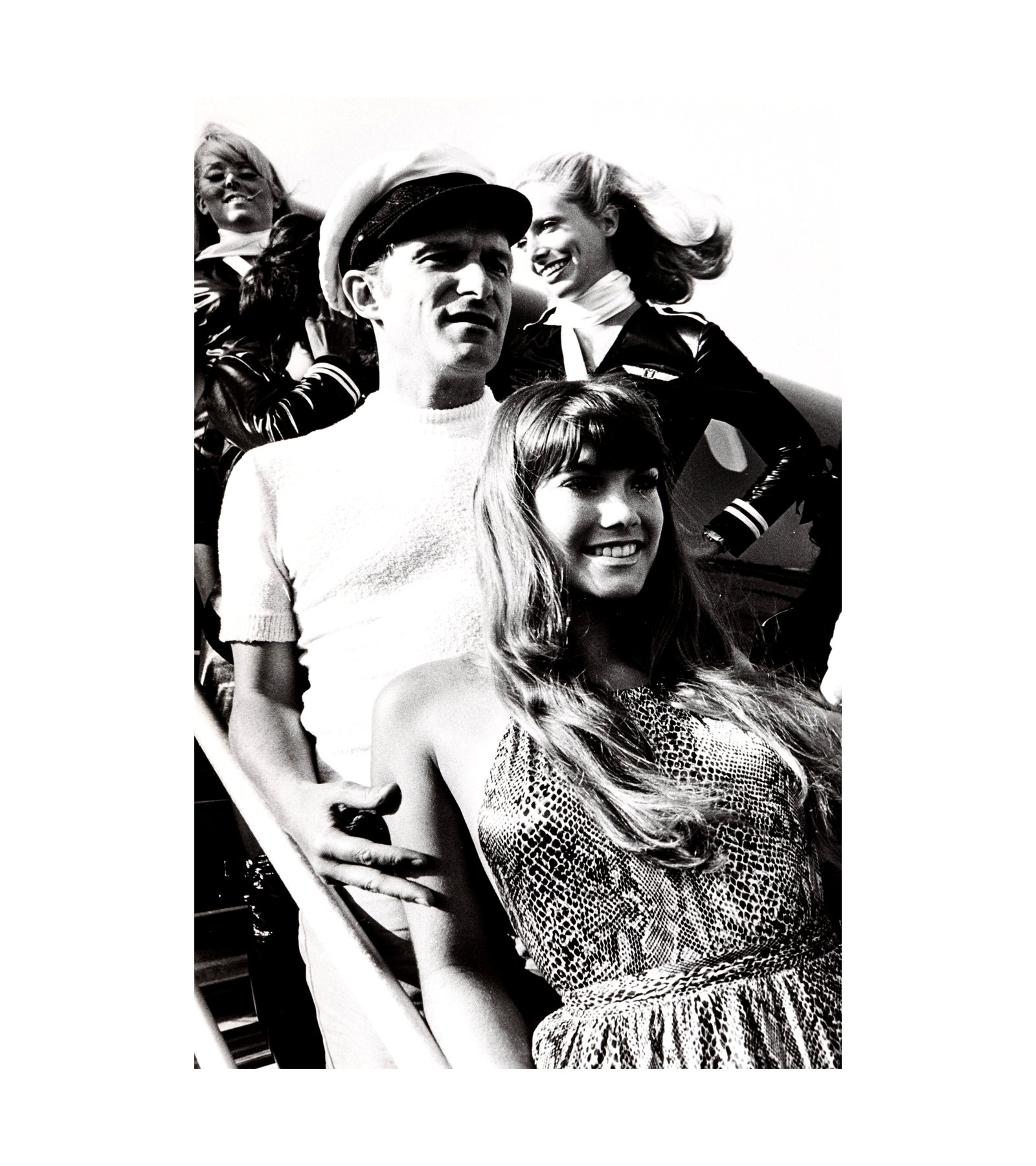 1970 Hugh Hefner and Barbi Benton deboarding Big BunnyJet - Rome